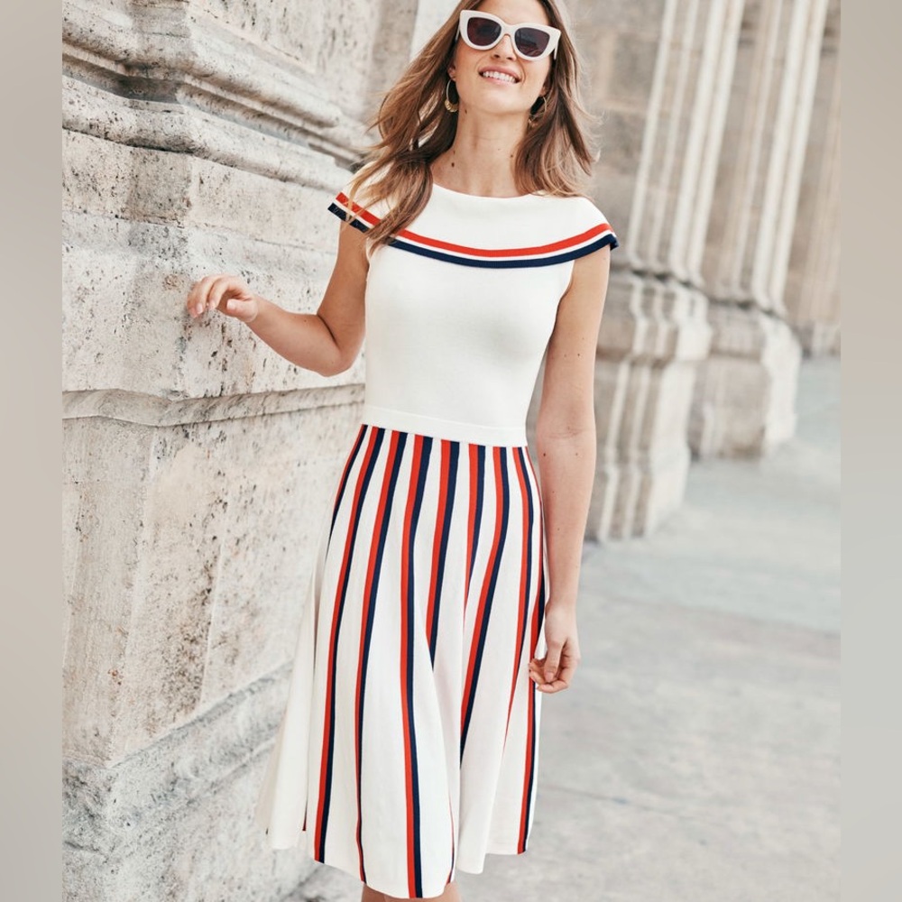 Boden Sylvia Knitted White Red and Navy Dress Midi size 10